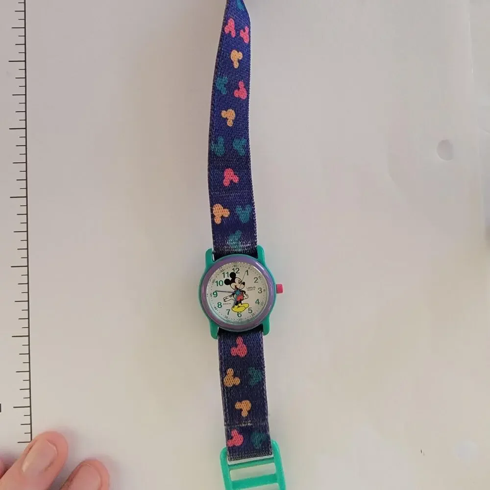 Lorus Mickey Mouse Girls Watch Green Case White Dial Blue Nylon Strap Quartz